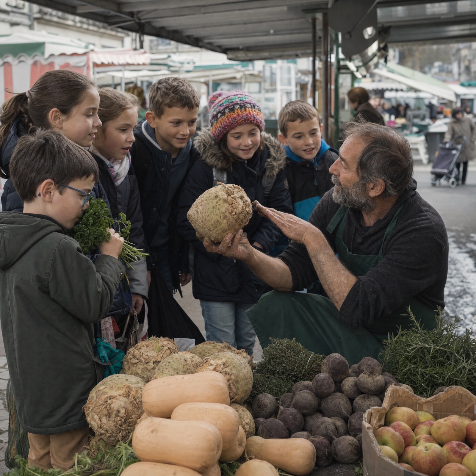 Enfants au marché avec un maraîcher